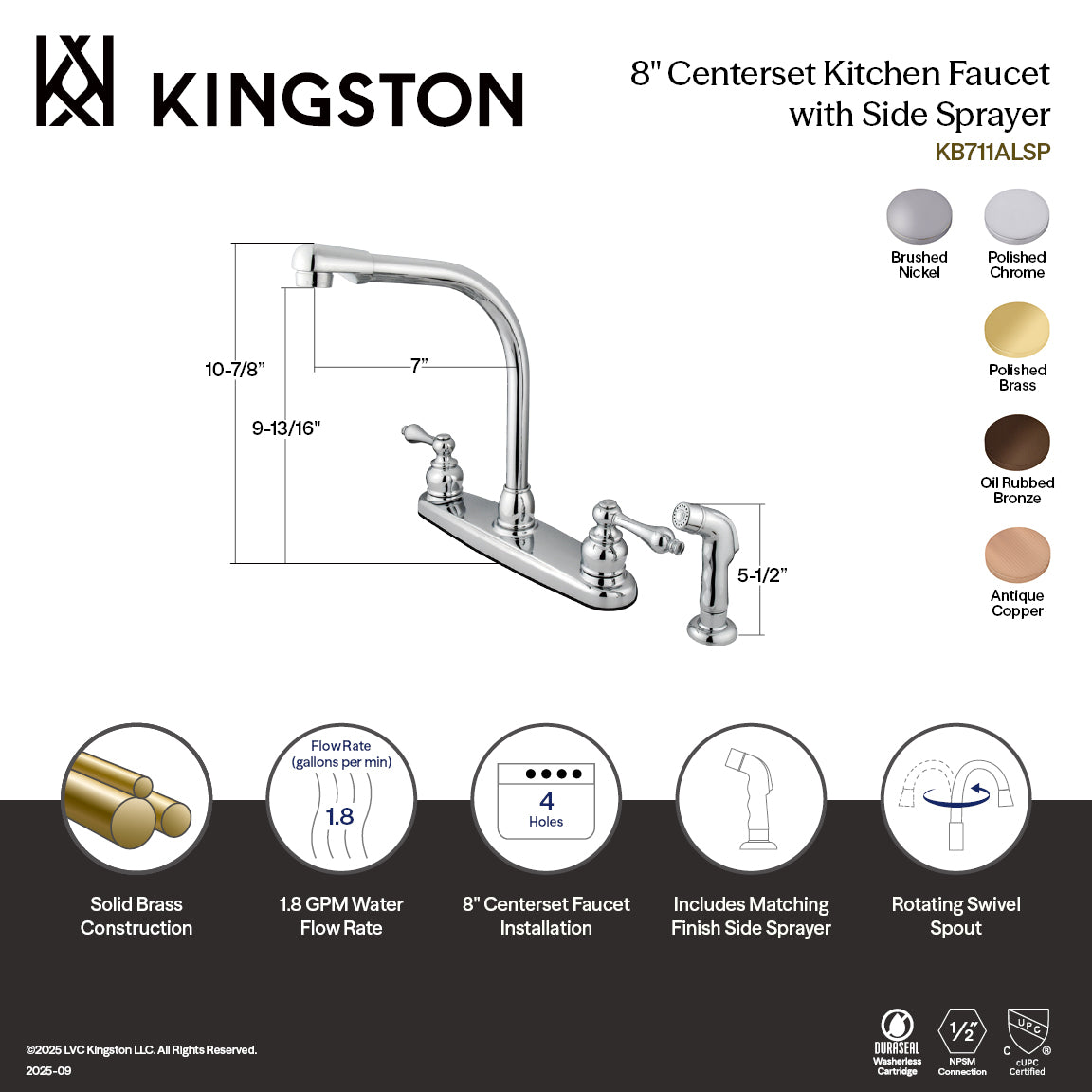 Kingston Tulare KB711ALSP - Victorian Two-Handle 4-Hole 8" Centerset Kitchen Faucet with Side Sprayer, Polished Chrome — thumbnail 2